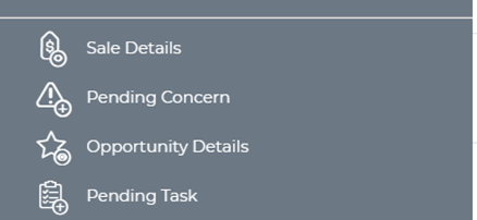 Sales Details, Pending concern, Opportunity Details, Pending Tasks, all in a menu